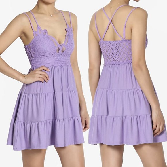 Tops - ❌SOLD❌Crochet Lace Cross Strap Ruffle Tiered Lavender Cami Tunic Top